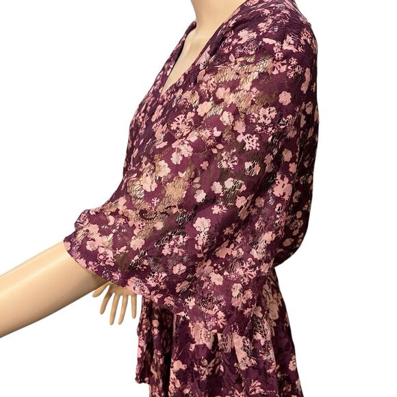 Lane Bryant Lace Faux Wrap Dress 14 Flared Floral Flutter Sleeve Belted Purple - Picture 5 of 11